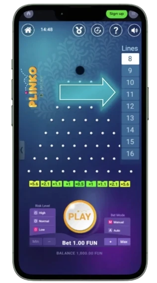 Wybór linii w grze Plinko